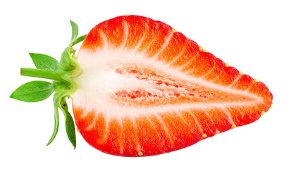 Halved ripe strawberry revealing seedy crimson flesh, verdant leaves, slender stem against clear backdrop