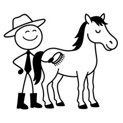 Stick figure farmer brushing horse in black and white