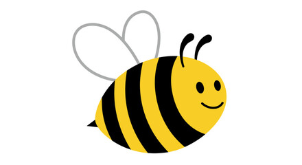 cute cartoon bee, bright yellow and black striped body, large compound eyes, transparent wings, flying pose, simple illustration style, whimsical and friendly expression
