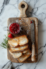 Toasted slices of bread, thin, crispy with strawberry jam, strawberry jam in glass jar next to an old knife. On wooden old board.