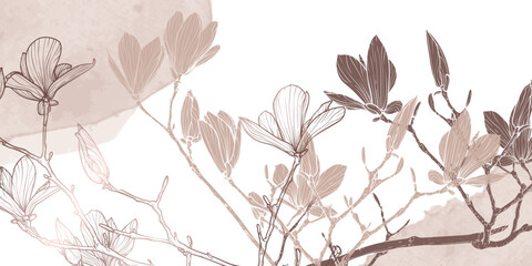 Abstract floral banner with rose gold and beige line art of flowers and leaves. Luxurious hand drawn background. Vector illustration for card design, banner, invitation, advertising and packaging