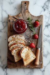Toasted slices of bread, thin, crispy with strawberry jam, strawberry jam in glass jar next to an old knife. On wooden old board.