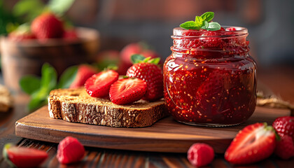 Strawberry jam in glass jars on a wooden table, crispy slices and fresh, fragrant strawberries