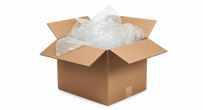 High-resolution photo of an open cardboard box with bubble wrap and packaging material spilling out, symbolizing shipping or moving, isolated on white background, Nikon Z6, 85mm lens, f/9, ISO 100, ba