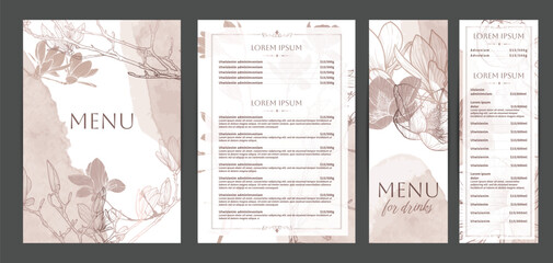 Colorful food and drinks menu designs. Restaurant menu template. Beautiful vector A4 format with high quality flowers for print and online usage. Pastel hand drawn line art magnolia illustrations.  © Muza