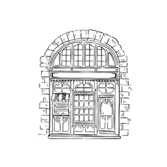 A line drawn traditional shop front in black and white with an arched window. Vector hand drawn.