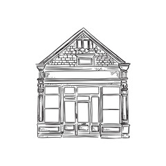 A line drawn shop front in black and white with a peaked roof. Vector hand drawn.