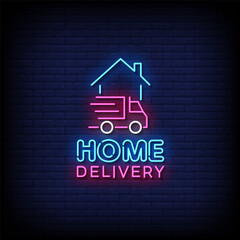 home delivery neon sign with brick wall background vector