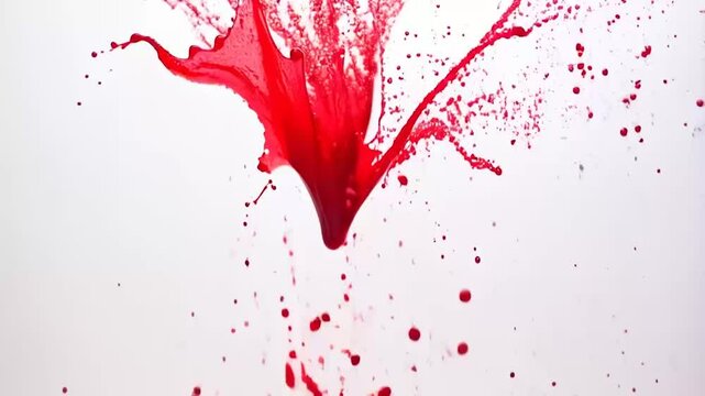 Realistic blood splashes on white background, multiple shapes and sizes, high contrast, sharp detail.
