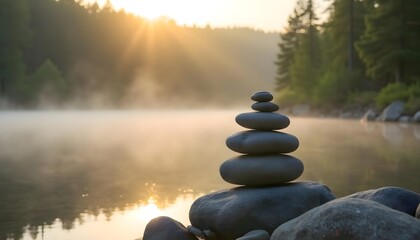 Balanced Zen Stones by Peaceful River at Sunrise, Meditation and Nature Concept