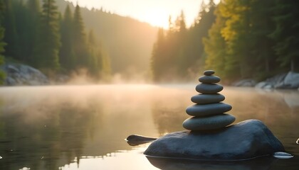 Balanced Zen Stones by Peaceful River at Sunrise, Meditation and Nature Concept