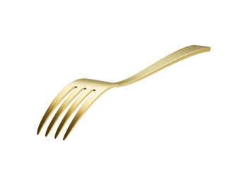 A sleek gold-plated fork with a reflective finish and a slightly curved handle. 3D Illustration