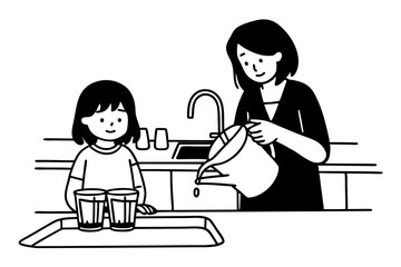 Mature woman pours clean water for herself and daughter into glasses