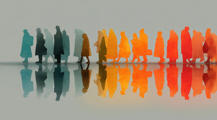 People in Muted Tones Form Geometric Line on Horizon, Minimalist Style. Diversity concept.