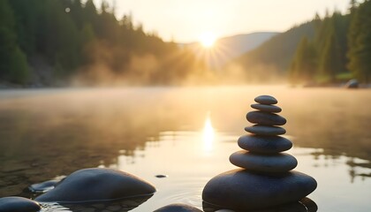 Balanced Zen Stones by Peaceful River at Sunrise, Meditation and Nature Concept
