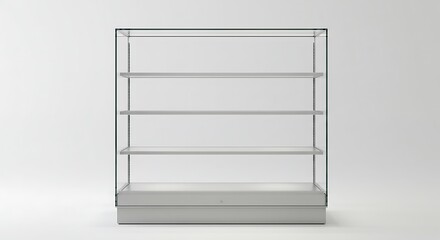 Empty Glass Display Case with Shelves in Clean White Space