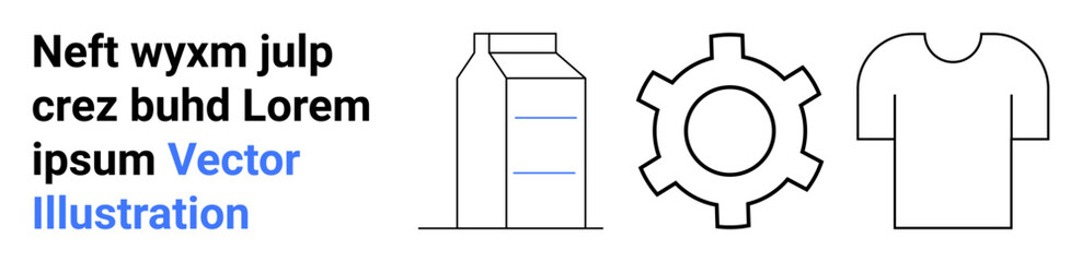 Beverage carton, gear, and t-shirt outlines in modern minimalist style. Ideal for branding, manufacturing, packaging, apparel, creativity, industry or a simple landing page