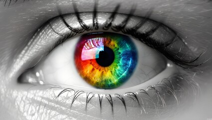 Photo d'un œil de femme isolé sur fond blanc, vue de profil, iris multicolore arc-en-ciel, concept de vision et couleurs, fierté gay LGBT