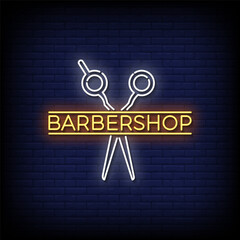 barber shop neon sign with brick wall background vector