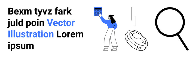 Person holding data book, large magnifying glass, coin emphasizing discovery, analysis, and productivity. Ideal for data research, finance, education, insight analysis focus simple landing page