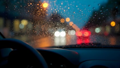 Raindrops on car window with city lights and bokeh in the background, capturing a rainy night driving mood