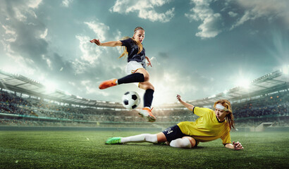 Hand made collage. Woman in yellow slides in bold tackle as opponent leaps over with ball, frozen...