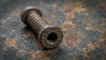 Rusty hollow metal screw on corroded surface