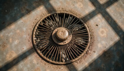 Rusty fan cover with circular design casting shadows