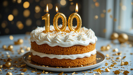 Celebrate hundredth birthday cake with candles and golden confetti for special milestone event party