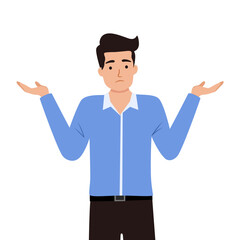 Oops. Sorry. I don't know. Portrait of confused young businessman shrugging shoulders, shows helpless question gesture, spread his hands, he does not know what to do, concept illustration in cartoon.