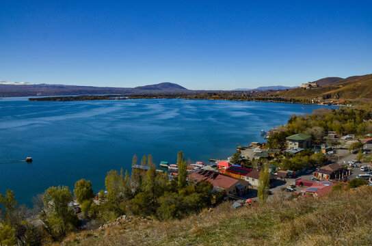 north-western coast of Lake Sevan and Lchasar mountain scenic view from Sevanavank monastery (Gegharkunik Province, Armenia)