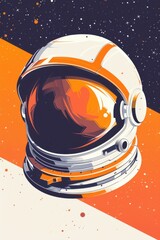 Minimalist flat astronaut helmet, geometric shapes, vibrant orange white, clean lines, floating in space, digital art style, signatures.
