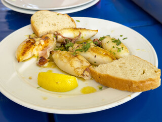 Grilled stuffed squid with herbs, lemon, and bread on white plate