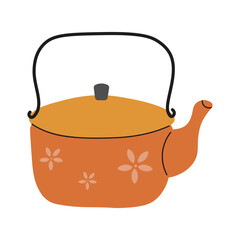 Whimsical orange teapot with floral design on a plain background. Flat style vector illustration.
