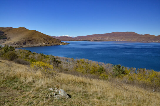 northern coast of Lake Sevan and Areguni mountain range scenic view from Sevanavank monastery (Gegharkunik Province, Armenia)