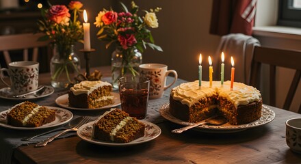 Naklejka premium Carrot Cake Celebration Scene With Candles and Slices Ready for Party Guests to Enjoy