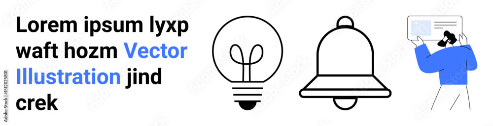 Poster lightbulb and bell icons next to a person engaged in presenting information on a large screen. ideal