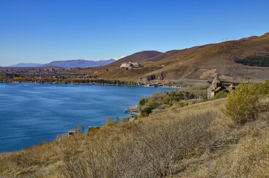 Sevanavank Monastery on Sevan Peninsula scenic view (Gegharkunik Province, Armenia)
