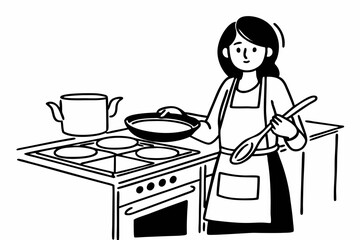 Young housewife with a frying pan and wooden spatula in her hands