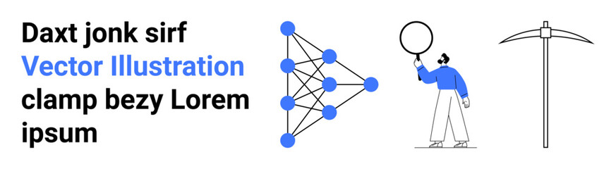 Geometric network diagram with nodes and connections, person holding a balloon inspecting it, and a simple pickaxe. Ideal for technology, data analysis, exploration, mining, innovation, abstract