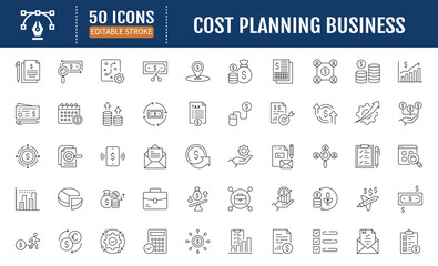 Cost planning icon set. Containing budget, expense, estimate, investment, funding icon. Vector illustration 