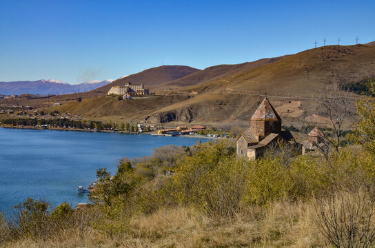 Sevanavank Monastery on Sevan Peninsula scenic view (Gegharkunik Province, Armenia)