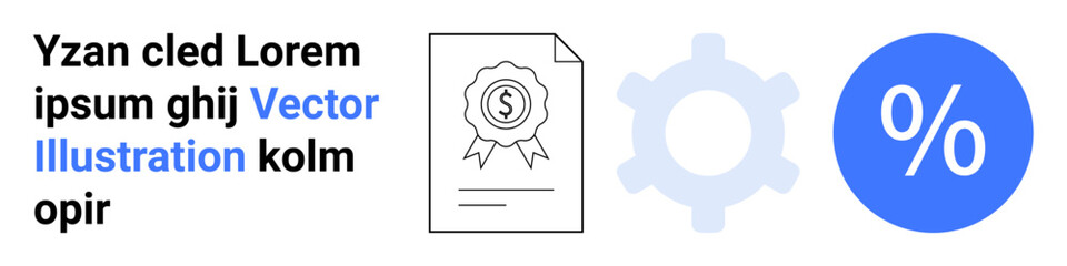 Certificate with a dollar icon, gear representing process management, and a percentage sign in blue. Ideal for finance, economy, analytics, productivity, business strategy, achievements simple