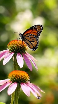 A Childs Innocent Wonder: A young face shows curiosity as a colorful butterfly gently lands on a vibrant blossom in a sun-drenched garden, capturing a moment of natural beauty.