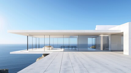 Fototapeta premium Minimalist white concrete house with floor-to-ceiling windows on a cliff overlooking ocean clear blue sky modernist design sharp shadows.