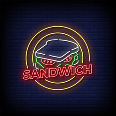sandwich neon sign with brick wall background vector