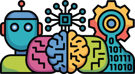 Artificial Intelligence Concept: Colorful Robot, Brain, Neural Network, and Binary Code Illustration Representing Machine Learning, Technology, Innovation,and Automation flat vector illustration