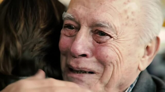 Emotional Reunion: An elderly mans eyes well with tears of happiness as he embraces a loved one at the airport&mdash;a heartwarming family moment of joyful connection.