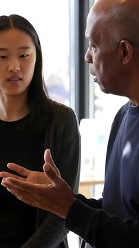 Deaf communication in a coffee shop: A person uses American Sign Language (ASL) to converse with a barista, ordering a beverage in a cozy cafe setting.