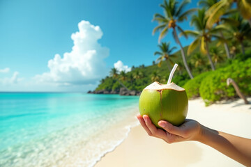 Tropical green coconut in hand with straw on ocean sandy shore. AI